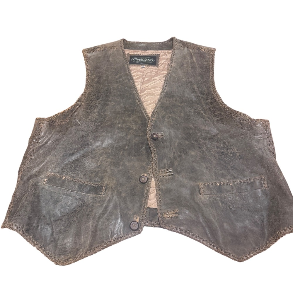 Vintage Overland Distressed Brown Leather Whipstitch Vest Mens XL Western